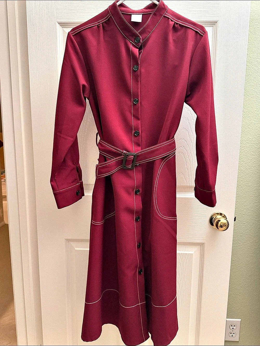 Belted Midi Shirt Dress in Red Like New